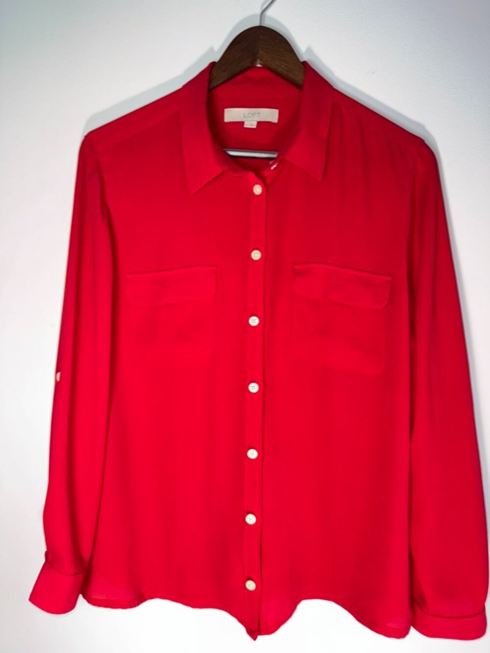 Ann Taylor LOFT Red Long Roll Tab Sleeve Button-up Blouse - L